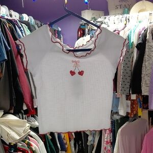 Girls White Crop Top with Red Trim and Heart Accents